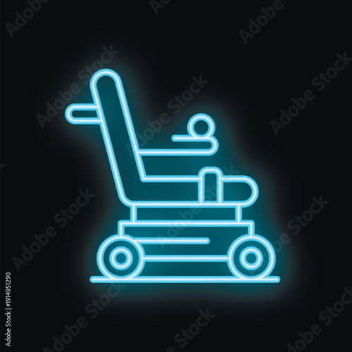Neon sign of a wheelchair glowing blue, representing mobility assistance and accessibility