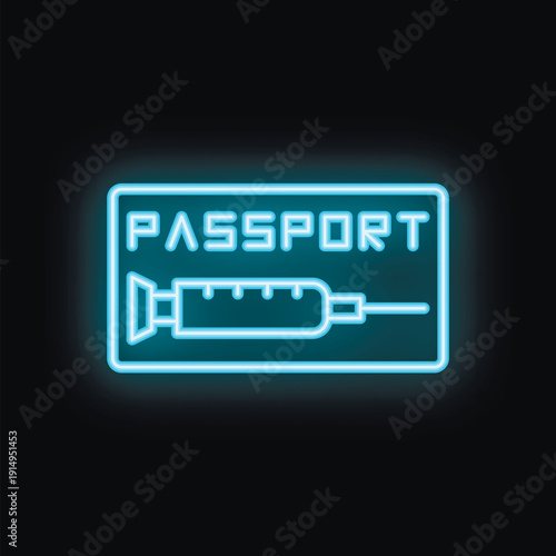 Bright neon blue icon depicting a vaccine passport with a syringe, representing the concept of health documentation for travel