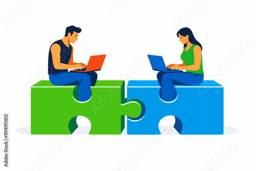 Teamwork and Digital Collaboration Solution. Man and Woman Working on Laptops Sitting on Connecting Puzzle Pieces.