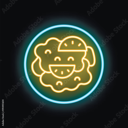Bright yellow neon sign depicting a delicious meal with lemon garnish glowing on a black background