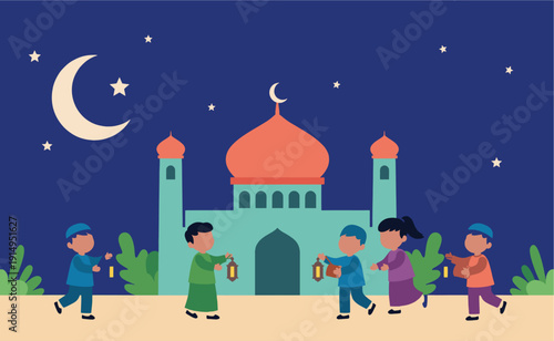 Children Walking with Lanterns Near Mosque.