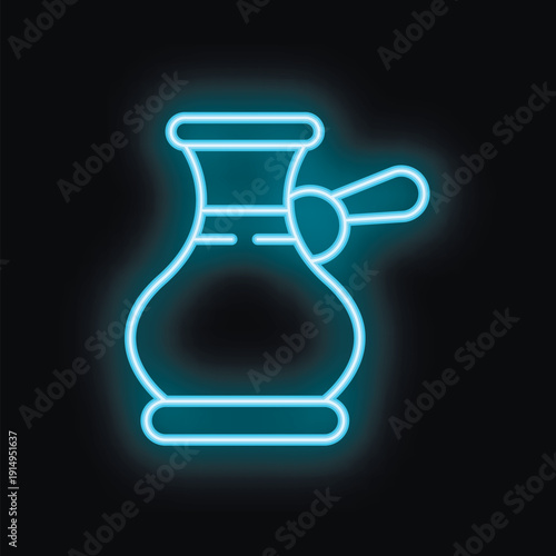 Blue neon sign of a traditional turkish coffee pot with coffee on a black background