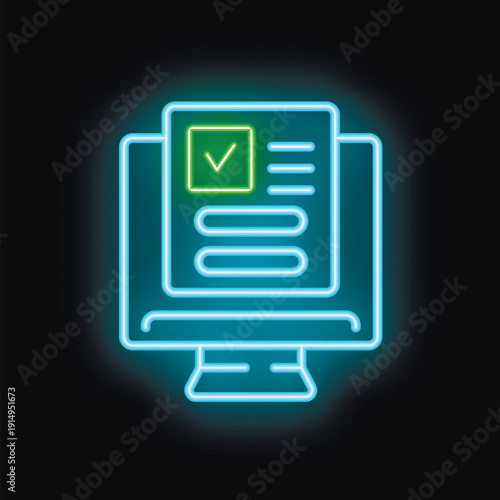 Neon online survey being filled out on computer screen with checkmark in checkbox for internet voting and submitting