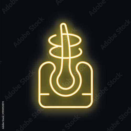 Neon yellow hair follicle icon glowing on a black background, representing the concept of hair care and growth