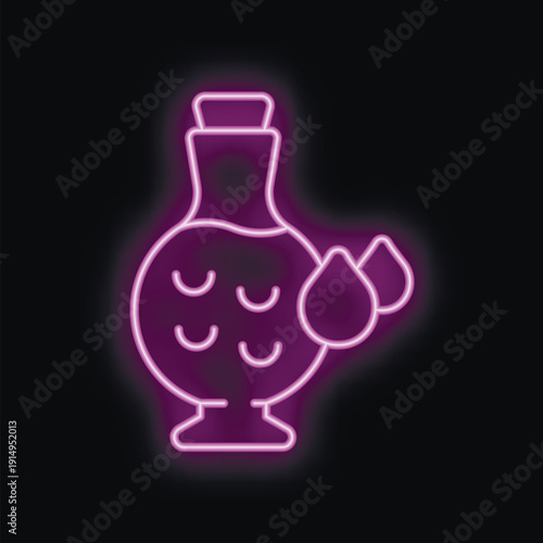 Vibrant neon sign depicting an essential oil bottle with droplets, symbolizing aromatherapy and relaxation