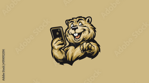 A smiling, cartoonish creature holds a smartphone, pointing at the viewer against a tan background