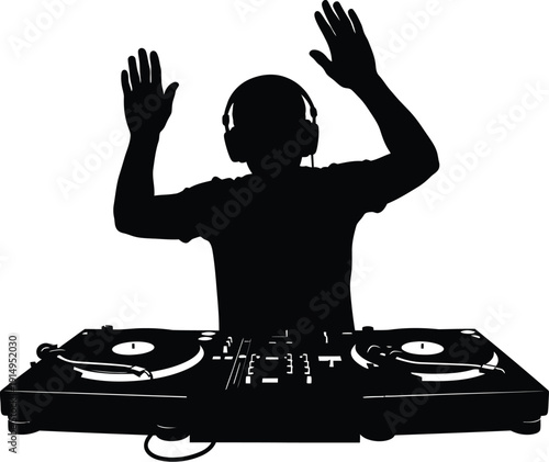 Disc jockey silhouette mixing music with turntables and raised hands.