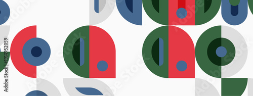 Geometric pattern features overlapping circles, squares, rectangles. Red, blue, green hues dominate design. Minimalist aesthetic.