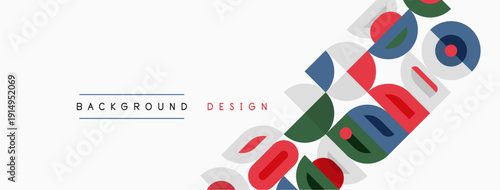 Abstract geometric shapes overlap white space. Modern design elements create dynamic visual texture. Simple colors dominate composition.