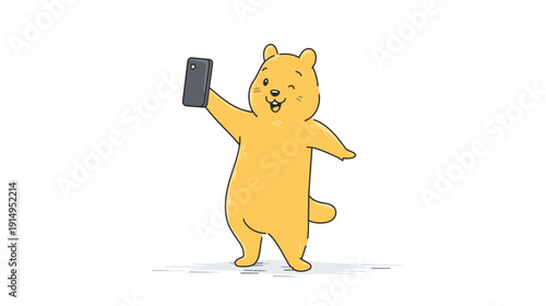 A cartoon bear winks while taking a selfie with a smartphone against a white background