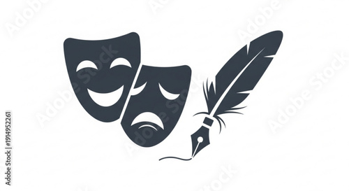 Theater masks representing comedy and tragedy alongside a quill pen symbolizing creativity and storytelling on a clean white background