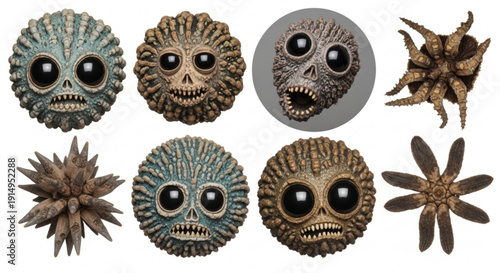 Collection of fantasy creature faces and star shaped objects in various earthy tones and textures isolated on white background