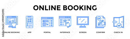 Online Booking Banner Web Icon Set Collection Pack Vector Illustration Concept For Online Booking, App, Portal, Interface, Screen, Confirm, Check In