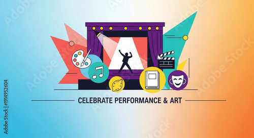 Vibrant performance art celebration with theater stage dancer and creative icons on gradient blue orange background
