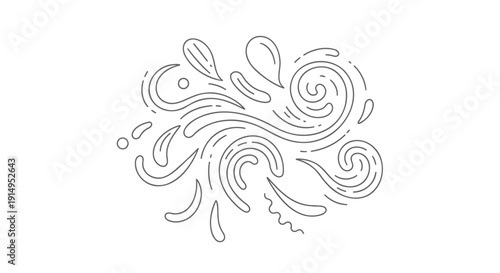 Minimalist vector illustration of swirling lines and floral patterns in gray on transparent background