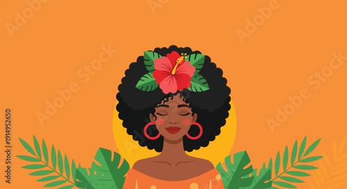 A calm Black woman with a hibiscus and tropical leaves against orange.
