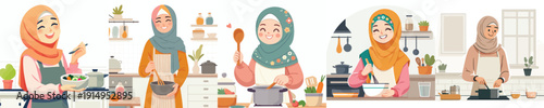 half body vector of a Muslim woman cooking a menu for breaking the fast