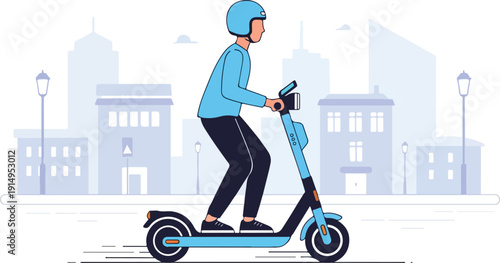 A person wearing a helmet riding an electric scooter on a city street with buildings in the background.