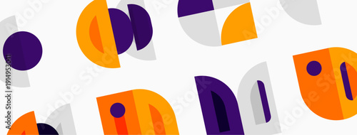 Abstract geometric shapes, orange, purple, gray. Minimalist pattern repeats across white background. Modern design elements present.