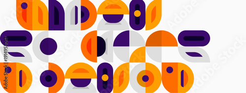 Abstract geometric shapes, orange, purple hues. Minimalist design, playful composition, modern aesthetic. Clean lines, simple forms, balanced layout.