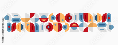 Abstract geometric shapes, midcentury modern style. Colorful overlapping forms create playful pattern. Simple design, flat illustration.