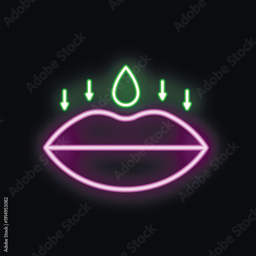 Neon sign depicting lips receiving a hyaluronic acid injection treatment, symbolizing lip augmentation and beauty procedures
