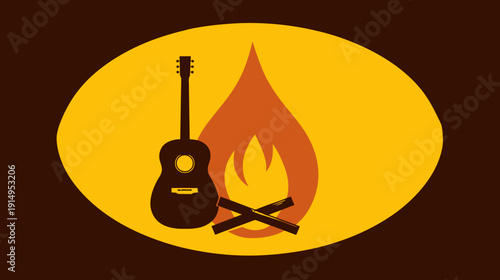A campfire scene is set in an oval against a brown background, guitar, flames, and logs