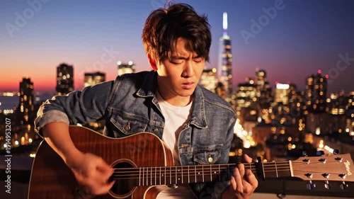 Musician performs on rooftop with city skyline at dusk
