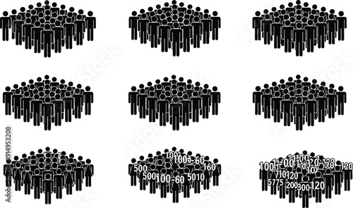 Black silhouette set of many people standing in crowd formation, community, teamwork, social group, cad drawing flat vector illustration, isolated.