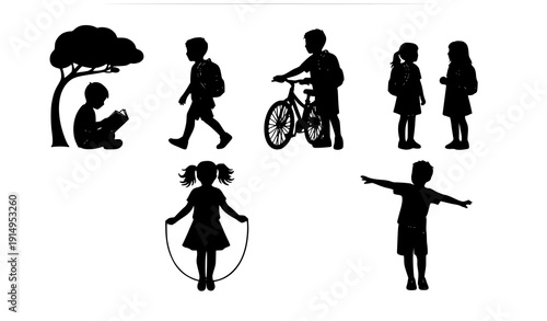 Minimal Children Silhouette Set Featuring School Activities Outdoor Play and Educational Moments Isolated on White