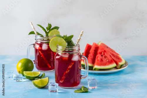 Refreshing summer drink with watermelon and lime