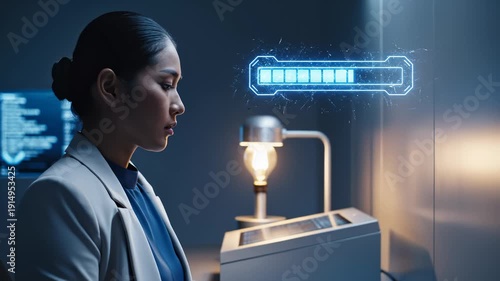 Wallpaper Mural Asian Woman Analyzing Futuristic Data With Glowing Energy Bar in Modern Laboratory Torontodigital.ca