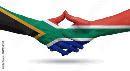 Handshake between two people with south african and nigerian flags on their hands.