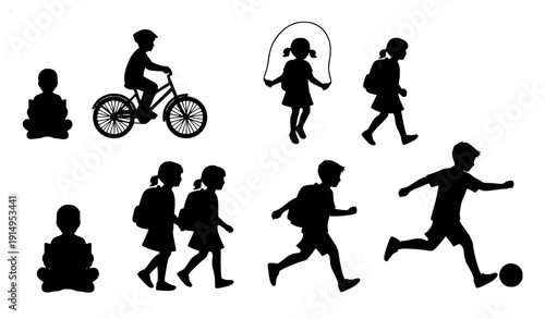 Children Silhouette Vector Set with Kids Playing Reading Cycling and School Activities Isolated on White