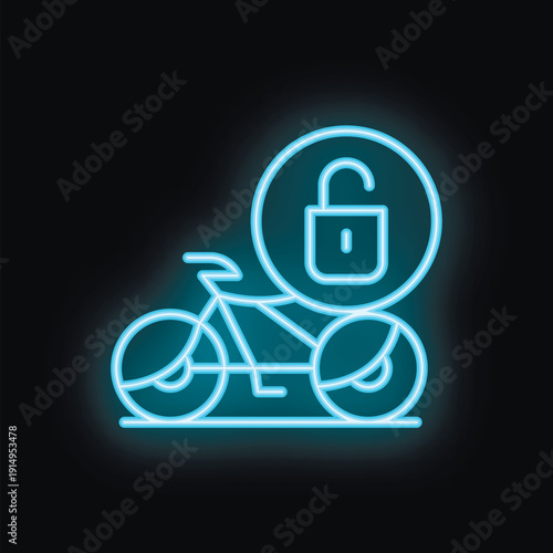 Blue neon icon of a bicycle with an unlocked lock hovering above, symbolizing bike security and theft prevention