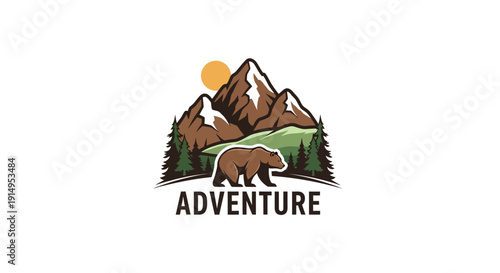 Majestic Bear Roaming in Front of Towering Mountains and Lush Pine Forests.