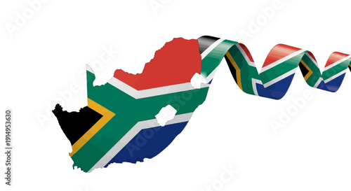 South african map painted with the national flag colors and design.