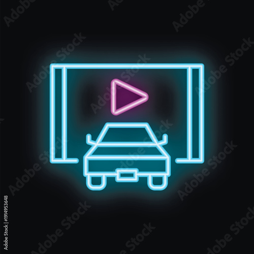 Neon icon representing a car watching a video on a big screen, perfect for topics of drive in cinema or outdoor movie