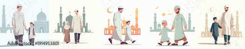 Vector of boy and father walking to the mosque to pray in Ramadan