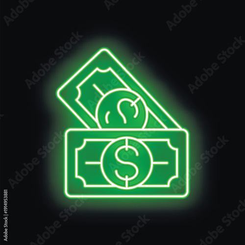 Glowing neon green icon of paper money and coins is set against a dark background