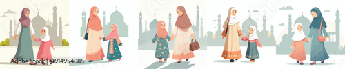 Vector of daughter and mother walking to the mosque to pray in Ramadan