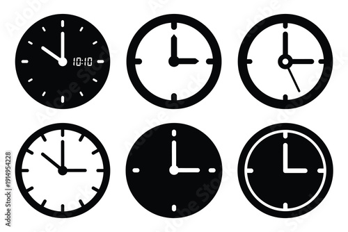 Popular silhouette icons of  clock time on white background.