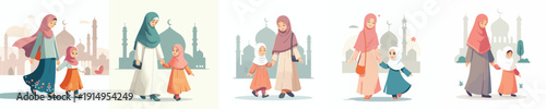 Vector of daughter and mother walking to the mosque to pray in Ramadan