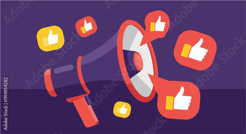 A vibrant illustration of a megaphone broadcasting social media likes and positive feedback.