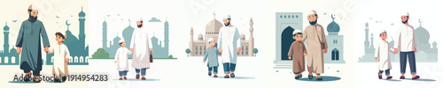 Vector of boy and father walking to the mosque to pray in Ramadan