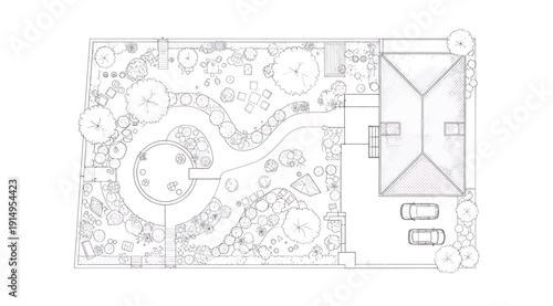 A black and white floor plan with a garden and patio area