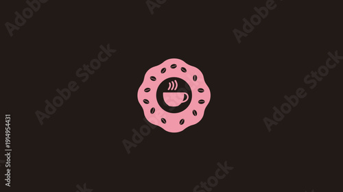 A pink coffee cup with steam sits within a pink flower-like shape, surrounded by coffee beans