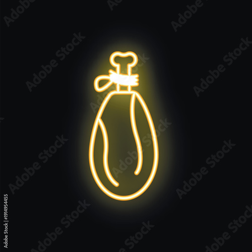 Neon sign is depicting a tied ham with a bone, glowing in yellow light on a black background