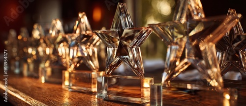The Glass Star Trophies Lined Up on a Warm Wooden Surface with Bokeh