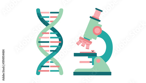 Illustration of a DNA double helix structure next to a laboratory microscope, representing genetic research and biology.